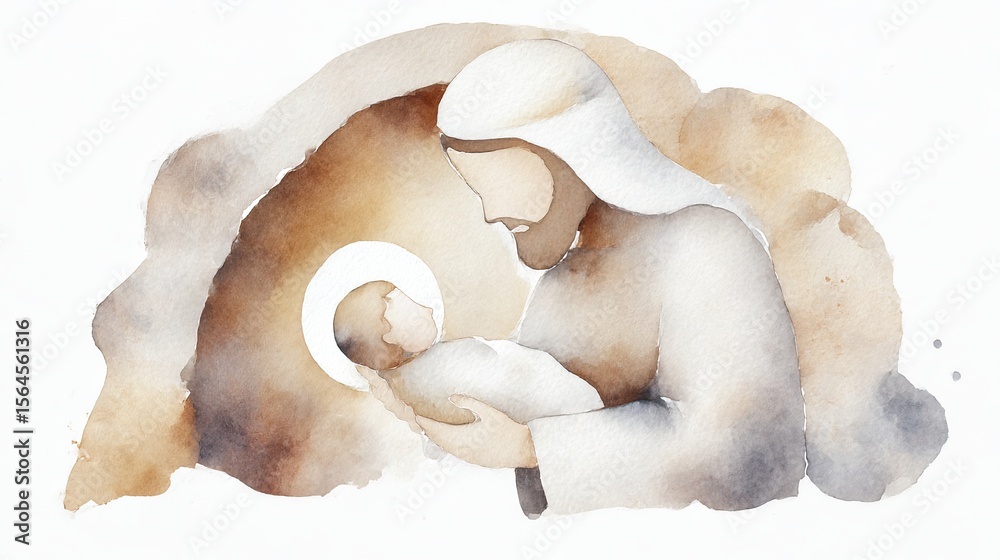 Fototapeta premium Man, Joseph, holding newborn baby Jesus in arms, abstract watercolor painting of religious Christmas nativity scene.