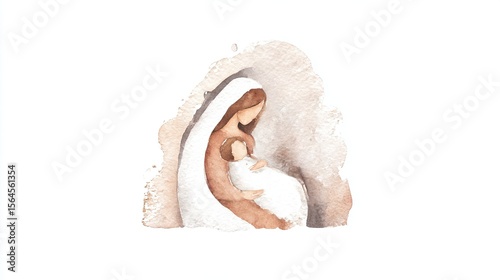 Woman Madonna Mary holding child on white background. Minimalist nativity scene for Christmas card or Christian concept.