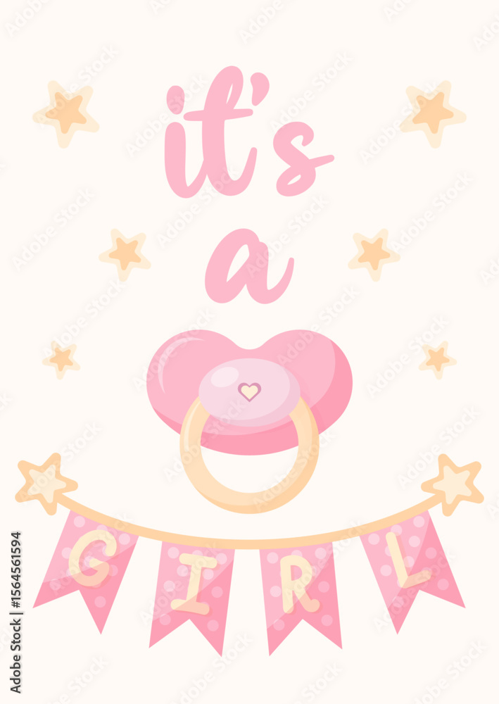 Fototapeta premium Gentle postcard It's a girl. Poster with baby Dummy and garland for gender reveal party in pink tones. Vector illustration.