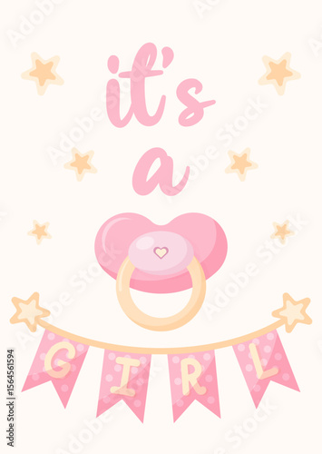 Gentle postcard It's a girl. Poster with baby Dummy and garland for gender reveal party in pink tones. Vector illustration.
