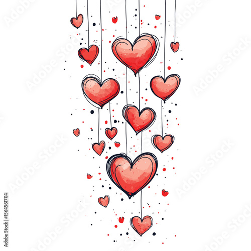 Happy Valentine's day banner with heart in continuous one line drawing and red filled hearts