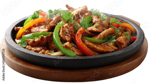 Illustration of chicken fajitas sizzle on hot skillet, isolated on transparent background