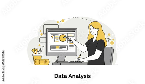 Female data analyst in casual attire pointing at a computer screen displaying data visualizations in an office setting.