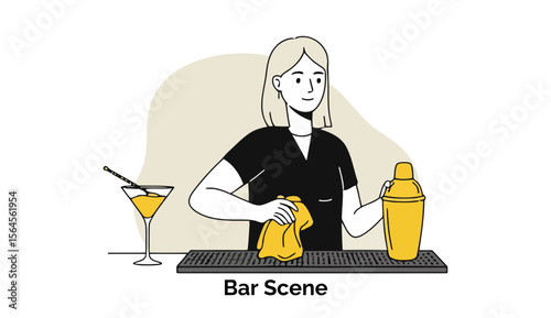Female bartender in black top cleaning bar top with yellow cloth, holding cocktail shaker at bar. Young professional bartender preparing cocktails at a bar.