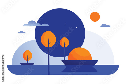 Serene Sunset Landscape Minimalist Boat and Tree Illustration