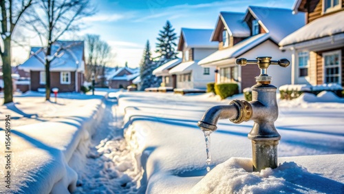 Frozen Outdoor Faucet in Snowy Neighborhood, winter wonderland , outdoor faucet