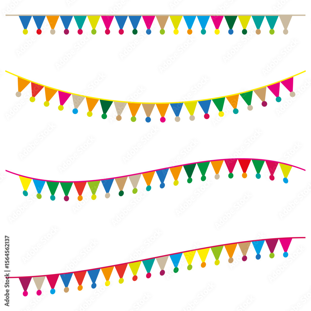 Obraz premium Colorful bunting garland. Festive pennant rows. Vibrant flag strings. Vector party decoration.