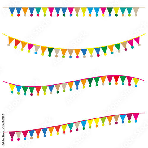 Colorful bunting garland. Festive pennant rows. Vibrant flag strings. Vector party decoration.