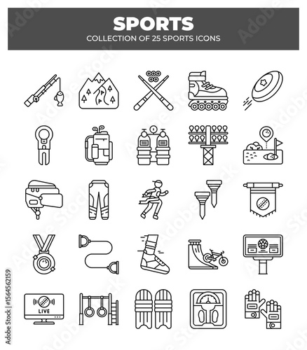 Collection of 25 Sports Line Icons. Sport Equipment. Active Lifestyle. and Fitness