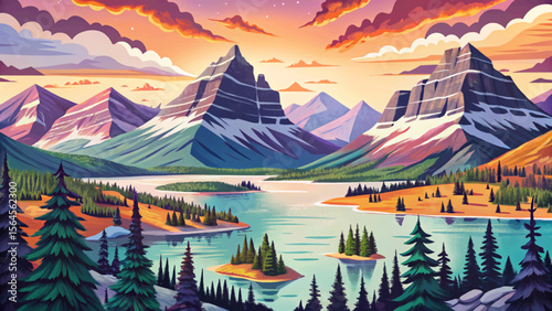 serenity of Glacier National Park with pristine alpine lakes, towering pine forests, and rugged mountain peaks reflecting the untouched beauty of nature’s grandeur cartoon