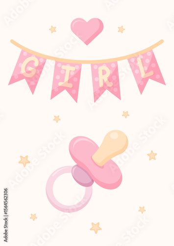 Gentle postcard It's a girl. Poster with baby Dummy and flag garland for gender reveal party in pink tones. Vector illustration.