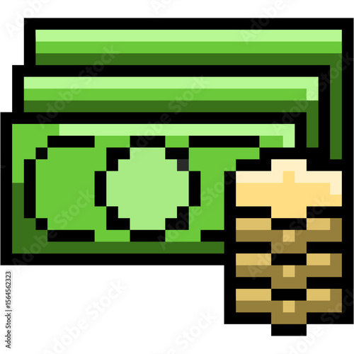 Pixel money icon vector, a retro-style representation of currency for digital finance, gaming, or nostalgic commerce. Ideal for pixelated interfaces, economic concepts, or vintage gaming.