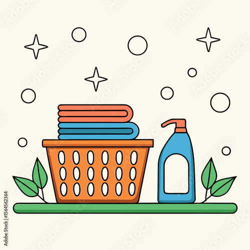 Laundry basket with folded towels and detergent cleaning