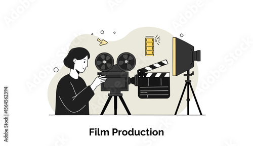 Female film production assistant operating a movie camera on a set. Female production assistant in casual attire, adjusting equipment in a studio environment.