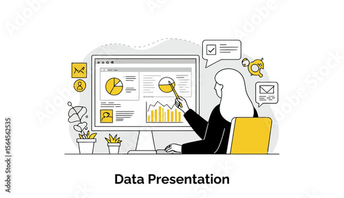 Female professional presenting data on computer screen in office setting. Woman in hijab pointing to business charts with graphs.