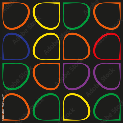 Rainbow quarter arcs. Neon geometric grid. Colorful Vector pattern. Abstract dark square.