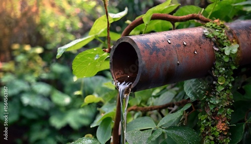Flowing water from a rusty pipe, highlighting a tranquil natural setting or garden design