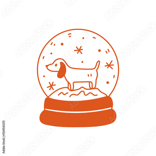 Dog in Snow Globe. Doodle style Winter Christmas Toy with dachshund puppy inside. Whimsical Retro vector illustrations.