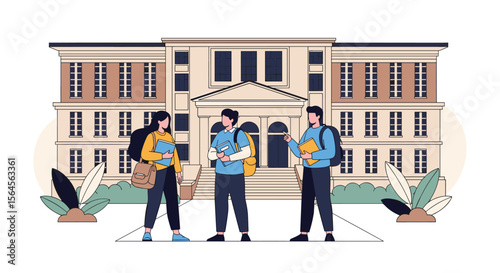 Students standing outside a large academic building representing higher education learning and development