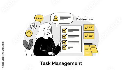 Female project manager in casual attire presenting task management board in office setting. Presenting checklist with collaborative project elements.