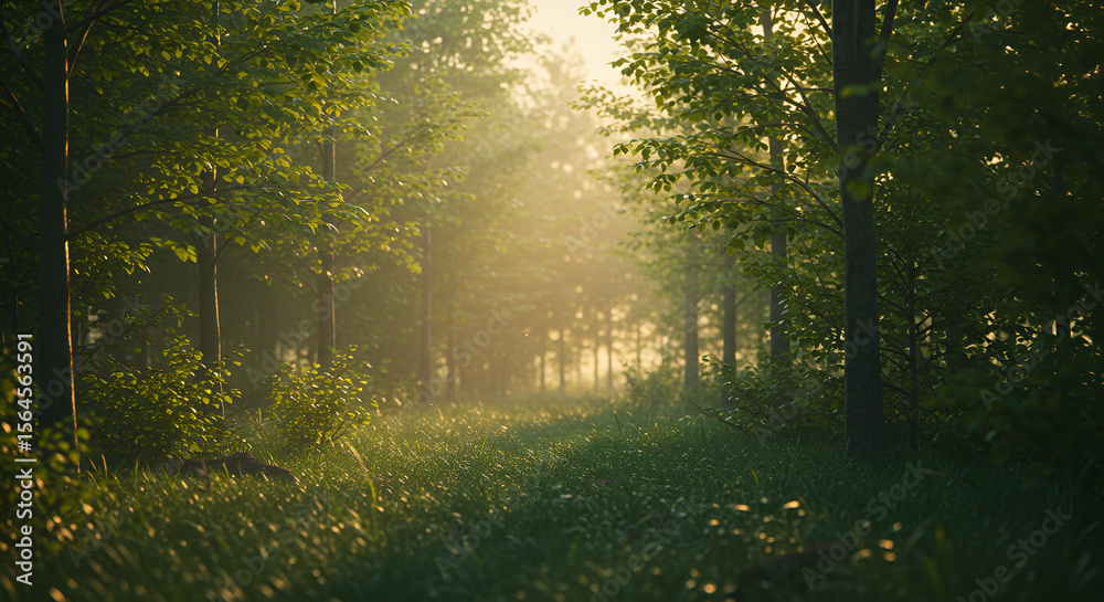 Obraz premium Sunlit forest path in morning mist