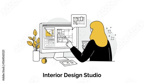 A focused female interior designer is working at her computer in a stylish design studio, carefully reviewing digital floor plans and 3D renderings for a client's home.