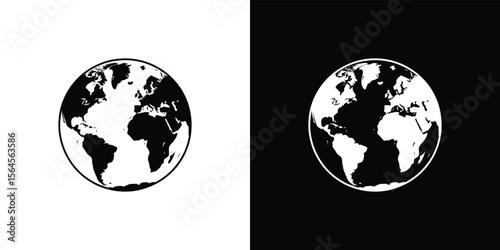 Globe earth outline, simple style. Black & White world map. Continents shown