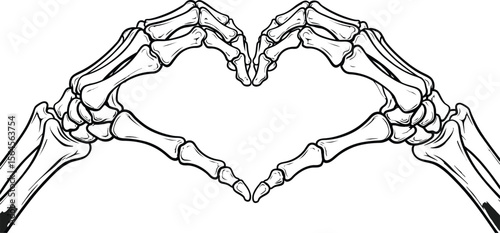 Skeleton hands forming a heart shape on a checkered gray background