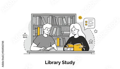 Young adults engrossed in study, seated at a library table, surrounded by bookshelves. Students studying together in a quiet library setting.