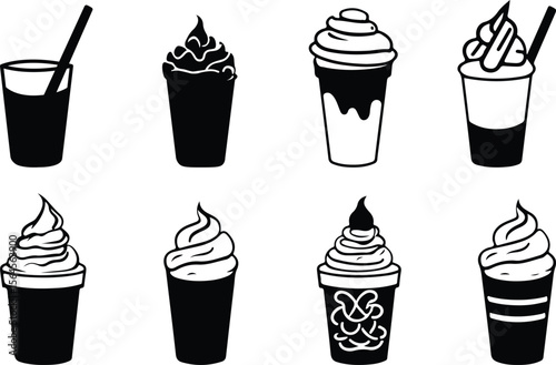 Iced coffee drinks and milkshake icons, including takeaway cups, iced coffee with straws, and various lid