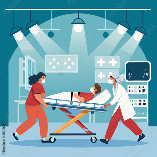 medical staff carrying patient on stretcher for operation scenes  