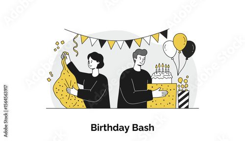 Young adults celebrating a birthday party, holding a confetti bag and a birthday cake, in a casual indoor party setting. Young adults in casual wear, preparing for a birthday bash at a home party.