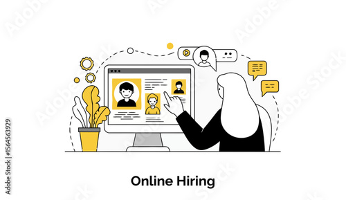 Female recruiter in hijab reviewing online job applicant profiles on a computer screen in an office setting.