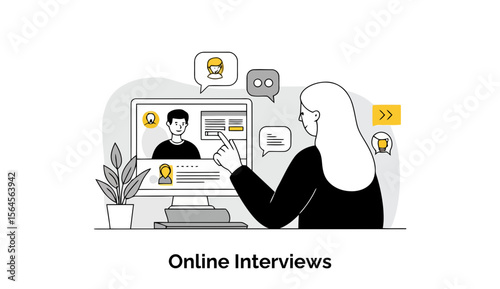 A woman in business attire participates in an online interview session with a male candidate, using a computer with multiple candidate profiles visible on the screen.