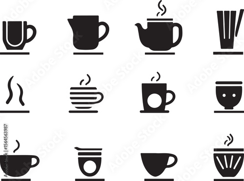 Coffee and tea drink icon set, tea, and refreshment symbols for menu, teacup, iced drink, cappuccino, smoothie, latte, soda