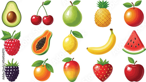 Illustration of assorted fruits including avocado cherry and pineapple