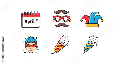 April fools day celebration fun pranks and festive decorations icons set
