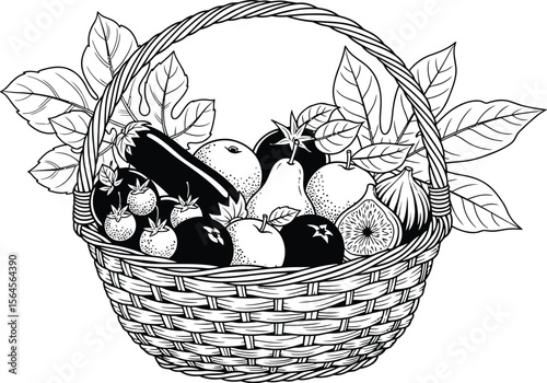 Illustration of a basket filled with various fruits and vegetables