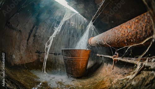 water pouring from a rusty barrel, highlighting large spiderwebs and a mysterious, dark abandoned space.