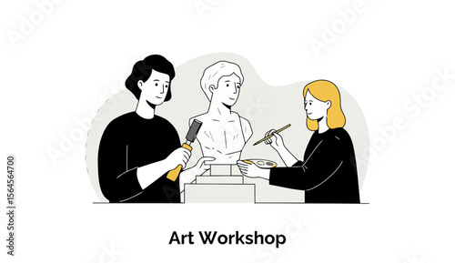 Young adults working collaboratively on an art project in a workshop setting, carving and painting a statue. Students participating in a professional art class in a studio.