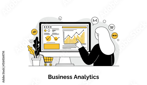 Female business analyst reviewing business analytics dashboard in a modern office setting. Focus on data analysis.