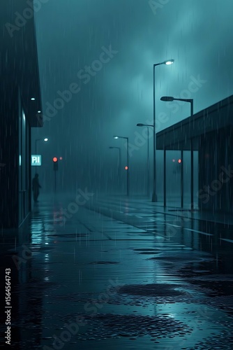 Gloomy evening walk on city street in a deluge of rain atmosphere