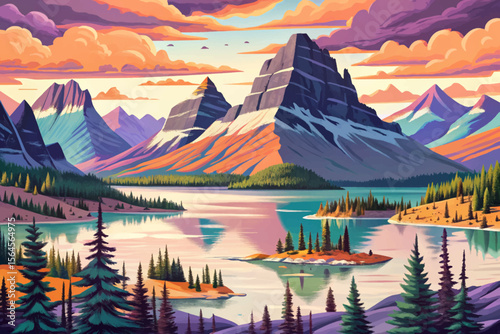 serenity of Glacier National Park with pristine alpine lakes, towering pine forests, and rugged mountain peaks reflecting the untouched beauty of nature’s grandeur cartoon