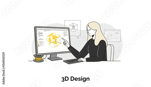 Female 3D design professional in a black business casual outfit interacting with computer screen displaying 3D model. Working on 3D design project in a modern office setting.