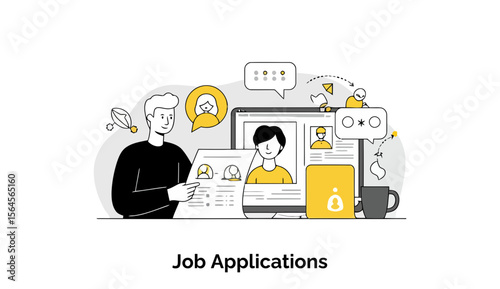 Job application process overview with diverse candidates in a modern office setting. Two adults reviewing digital job applications on a computer screen with additional icons and symbols.