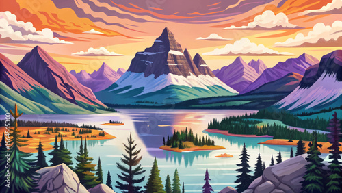 serenity of Glacier National Park with pristine alpine lakes, towering pine forests, and rugged mountain peaks reflecting the untouched beauty of nature’s grandeur cartoon