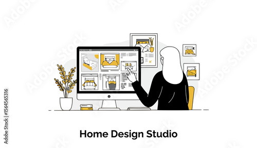Female home designer reviewing online furniture options in a home design studio. A woman with long hair is viewing a computer screen featuring furniture design choices for a home.