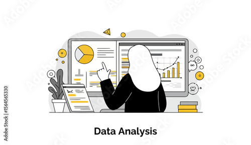 Female data analyst in hijab reviewing data on multiple computer screens in a modern office setting. Focus on data analysis with graphs and charts.