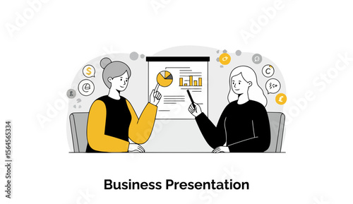 Two poised female colleagues in professional business suits are co-presenting financial performance data, using charts and graphs during a formal boardroom meeting.