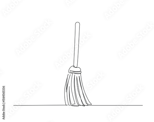 Sweeping brush or broom outline drawing illustration. one continuous line drawing of sweeper.